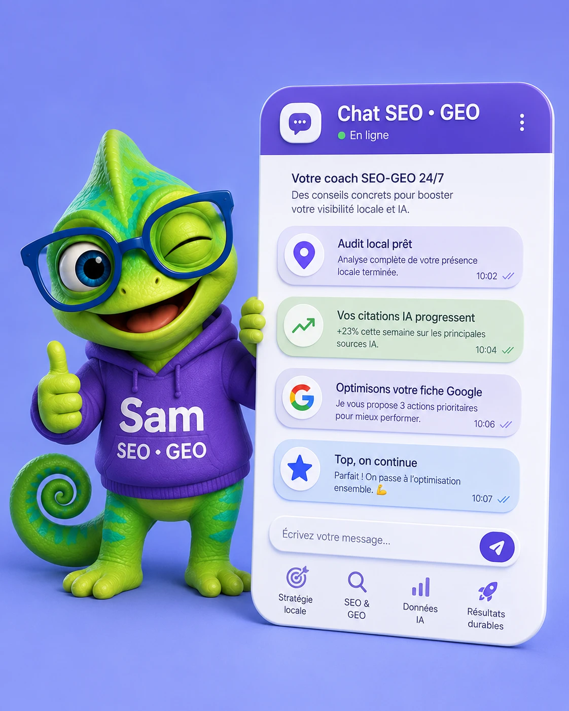 Sam, assistant IA SEO GEO avec interface de chat intégrée